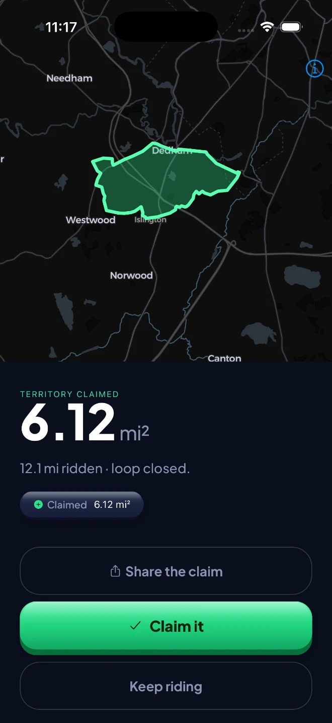Geopedal iOS app — territory claimed, 6.12 square miles enclosed by a closed-loop ride.